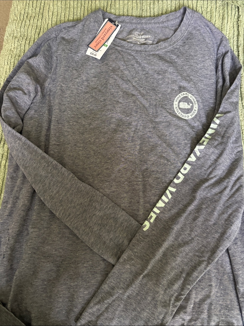 Vineyard Vines Navy mini stripe Long-Sleeve Logo Tee with Sleeve Print
